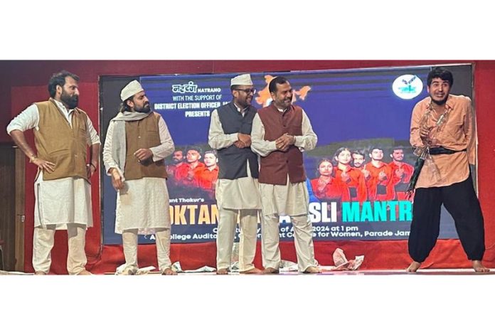 A scene from the play 'Loktantra Ka Mantra' staged at Jammu on Saturday.