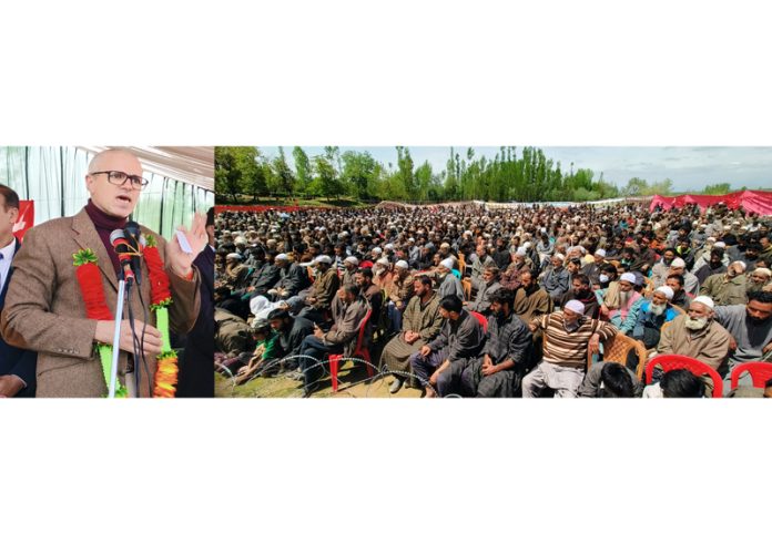 NC vice president Omar Abdullah addressing an election rally in Pulwama on Saturday.