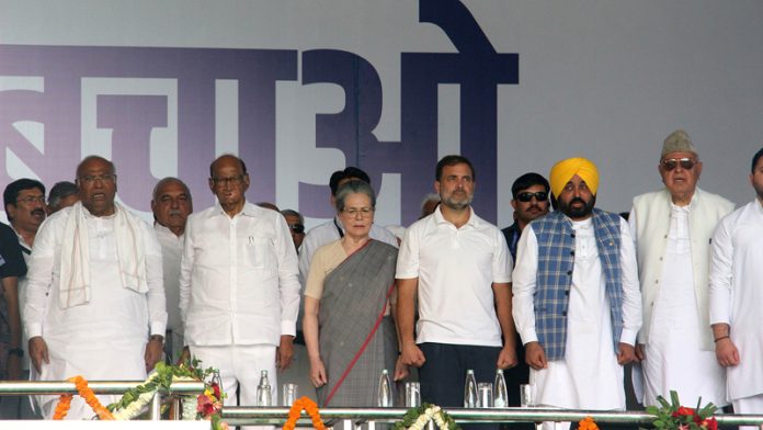 INDIA bloc leaders at ‘Loktantra Bachao’ mega rally organized by Aam Aadmi Party at Ramleela ground in New Delhi on Sunday. (UNI)