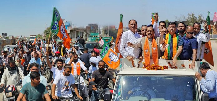 Union Minister Dr. Jitendra Singh leading a mega rally along the International Border on Tuesday.