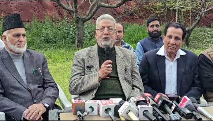 DPAP leaders addressing a press conference in Srinagar on Tuesday.