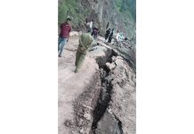 Portion of road where land sunk in Ramban district on Thursday evening.