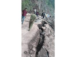 Portion of road where land sunk in Ramban district on Thursday evening.