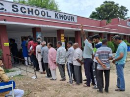 People line up for voting at a Polling Station in border village of Khour in Akhnoor sector.