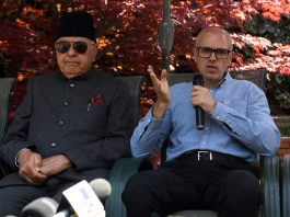 National Conference president Dr Farooq Abdullah and Omar Abdullah addressing a press conference in Srinagar. — Excelsior/Shakeel