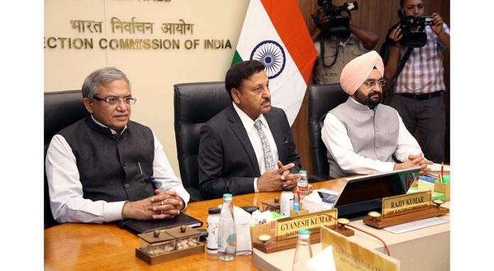 Chief Election Commissioner Rajiv Kumar with Election Commissioners Gyanesh Kumar and SS Sandhu at a meeting in New Delhi on Wednesday.