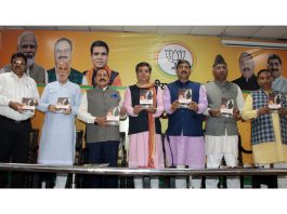 Union Minister Dr Jitendra Singh, BJP J&K president Ravinder Raina and other party leaders releasing Dr Kulbushan Mohatra’s book at BJP Headquarters, Trikuta Nagar on Saturday. Excelsior/Rakesh
