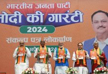 Prime Minister Narendra Modi, Home Minister Amit Shah, Defence Minister Rajnath Singh, Finance Minister Nirmala Sitharaman and BJP president JP Nadda release the party manifesto at the party headquarters in New Delhi on Sunday.(UNI )
