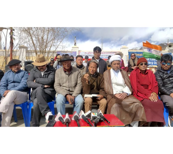 LAB leaders and Sonam Wangchuk addressing media persons in Leh on Saturday.
