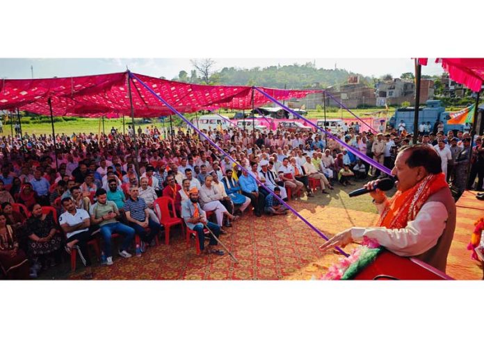 Union Minister Dr. Jitendra Singh addressing a massive public rally in Billawar on Sunday.