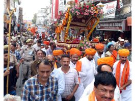 An impressive Shoba Yatra being taken out on the occasion of Ram Navami at Jammu on Wednesday. Another pic on page 4. -Excelsior/Rakesh