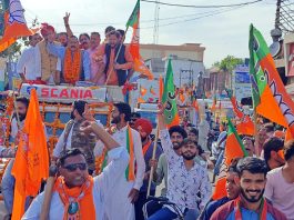 Union Minister Dr Jitendra Singh leading a massive roadshow at Kathua on Wednesday.