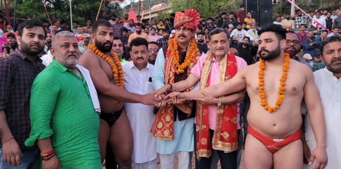 Dignitaries introducing wrestlers before the bout at Jammu on Wednesday.