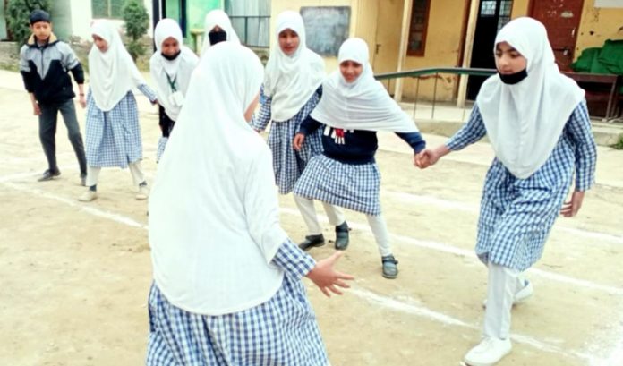 Girls keenly participating in sports activities in Kashmir on Wednesday.
