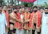 Dignitaries introducing wrestlers before a bout in Reasi on Monday.