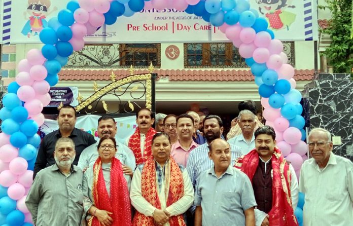 Former Minister and senior BJP leader Sat Sharma posing during the inaugural function of Playway School at Talab Tillo on Monday.