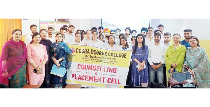 Students and faculty of Dogra Degree College posing during a programme on Wednesday.