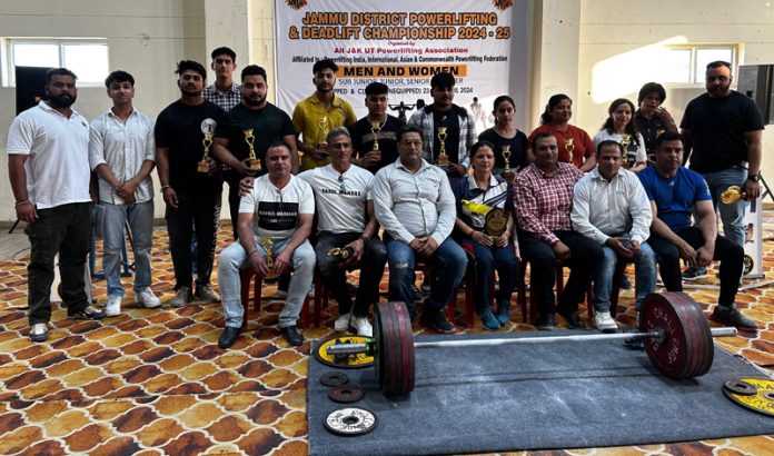 Powerlifters posing along with dignitaries at Jammu on Thursday.