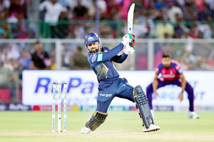 Rashid Khan playing a winning shot during a match against Rajasthan Royals in Jaipur on Wednesday.