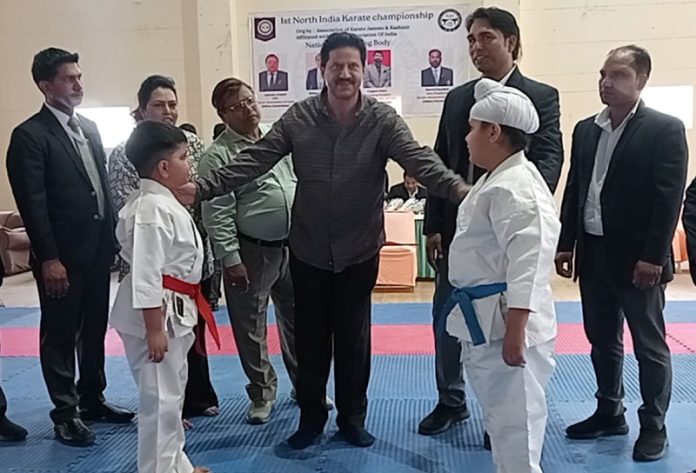 Karate players being introduced by chief guest in Jammu.