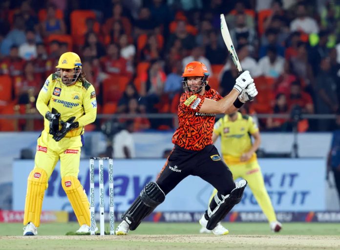 Aiden Markram playing a shot during his 50 runs inning against CSK at Hyderabad.