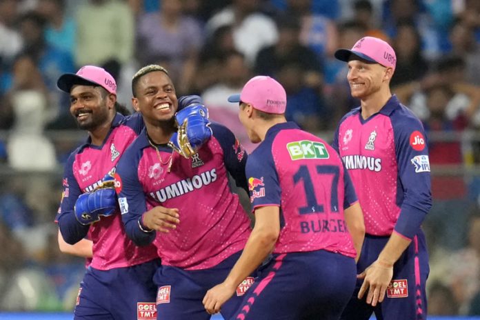 Rajasthan Royals players celebrating victory against Mumbai Indians.