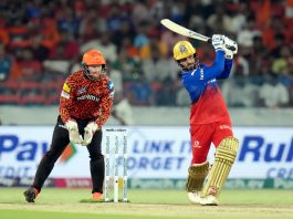Rajat Patidar playing a brilliant shot during a match against SRH at Hyderabad.