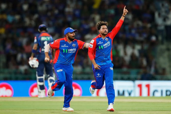 Kuldeep Yadav celebrating after taking 3 wickets in a match against Lucknow Super Giants on Friday.