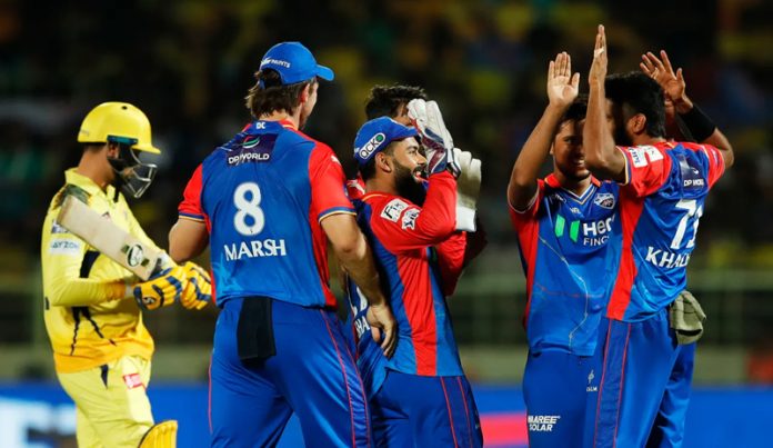 Delhi Capitals players celebrating a victory against CSK at Visakhapatnam on Sunday.