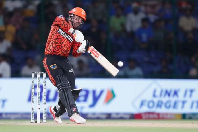 Travis Head playing a shot during his score of 89 runs in 32 balls in IPL match against DC on Saturday.