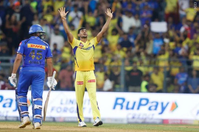 Matheesha Pathirana celebrating after taking four wickets in a match against Mumbai Indians.