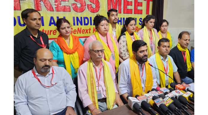 Members of Kashmiri Samaj addressing a press conference in Jammu on Friday.