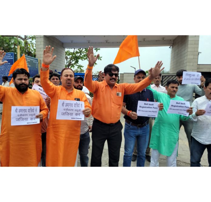 Shiv Sena leaders during a protest at Jammu on Monday.