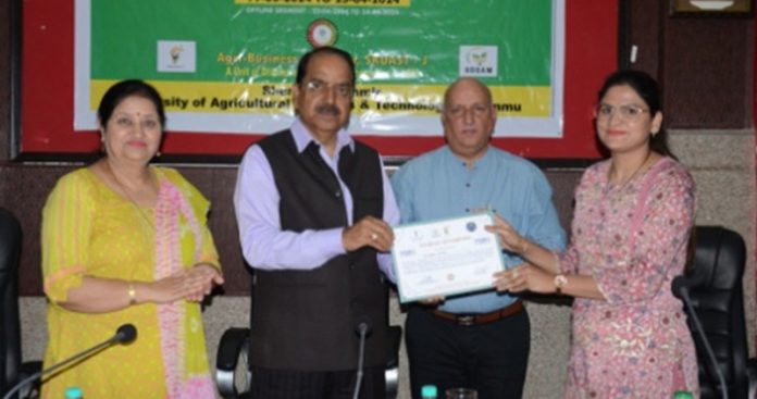 SKUAST-Jammu VC distributing participation certificates during valedictory function of month-long agri-entrepreneurship training program.
