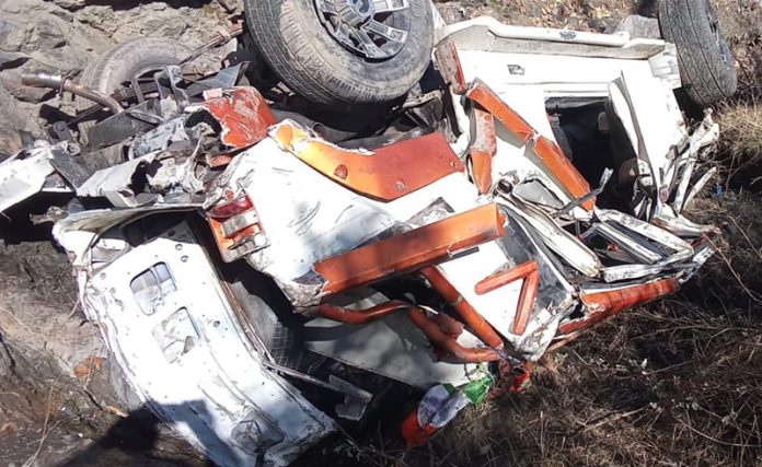 The ill-fated Bolero vehicle that met with an accident at Truraman, Bulandpur area in Doda District. —Excelsior/ Tilak Raj.