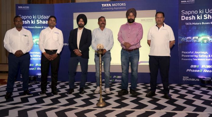 Guests along with officials of Fairdeal Motors and Jamkash Trucking during the launch of new range of Tata vehicles in Jammu.