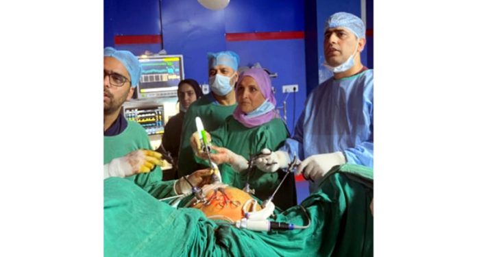 Chief Operating Surgeon Dr Mudasir Ahmad and others performing the first ever total laparoscopic hysterectomy procedure on Monday.