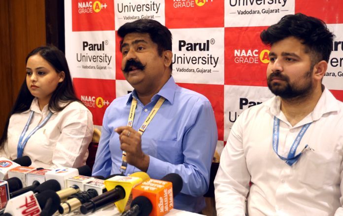Officials of Parul University addressing a press conference in Jammu on Wednesday. —Excelsior/Rakesh