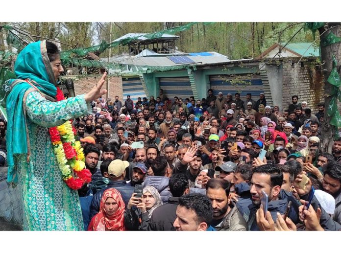 PDP President and former Chief Minister Mehbooba Mufti addressing a gathering at Kond in Kulgam district. -Excelsior/Sajad Dar