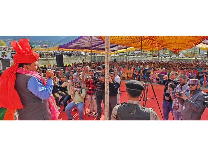 Union Minister Dr Jitendra Singh addressing a massive public rally in Bhaderwah town on Saturday. —Excelsior/Tilak Raj