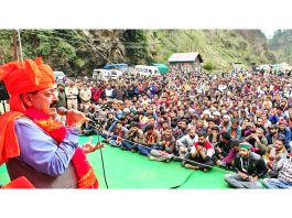 Union Minister Dr Jitendra Singh addressing a mammoth public meeting at Gandoh during his election campaign in peripheral hill areas like Marmat, Goha, Kastigarh, Dhara, Bulandpur etc in district Doda on Wednesday.