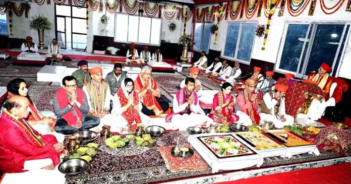 Anshul Garg, Chief Executive Officer, Shri Mata Vaishno Devi Shrine Board along with other officials performing rituals during Chandi Maha Yagya at Bhawan on Tuesday.