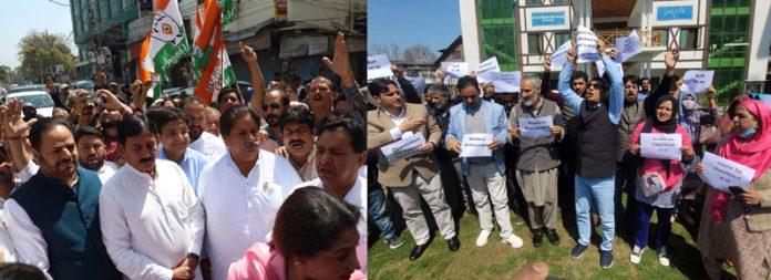 Congress workers during a protest against alleged suppression of opposition in the country ahead of LS polls in Jammu (L) and Srinagar (R) on Monday. — Excelsior pics by Rakesh/Shakeel