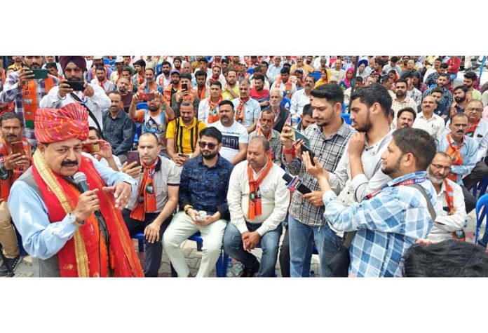 Union Minister Dr. Jitendra Singh addressing a massive public meeting at Adarsh Colony in Udhampur city on Thursday.