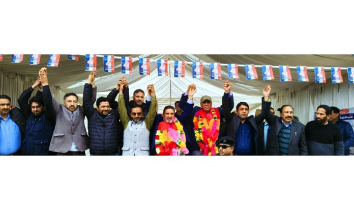 Apni Party leaders during a public rally at Gouripora in Pulwama on Tuesday.