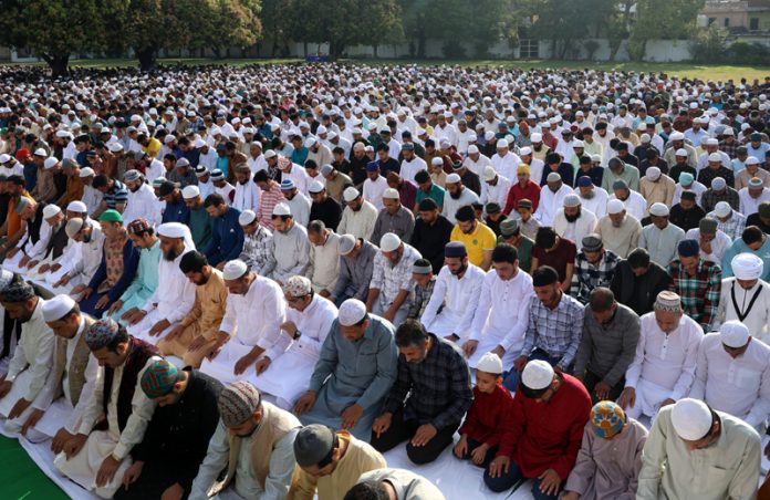 Members of Muslim community offering Eid Namaz at Eidgah Jammu on Wednesday. —Excelsior/Rakesh