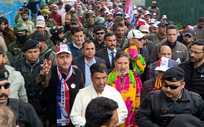 Apni Party president Altaf Bukhari and others during public rally at Khanabal.