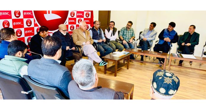 NC president Dr Farooq Abdullah in a meeting with constituency incharges of the North Kashmir Parliament seat.
