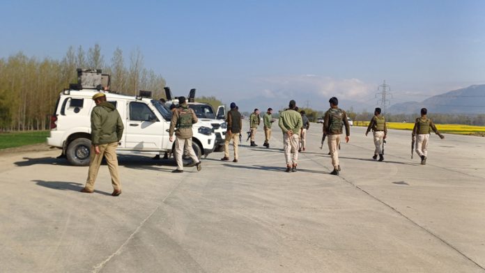 Security has been beefed up along the Jammu-Srinagar National Highway as trial landing and takeoff of aircraft will be carried out on Bijbehara landing strip. — Excelsior/Sajad Dar