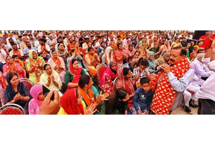 Union Minister Dr. Jitendra Singh addressing a public meeting at village Budhi during the election campaign in rural and urban suburbs of Kathua on Saturday.